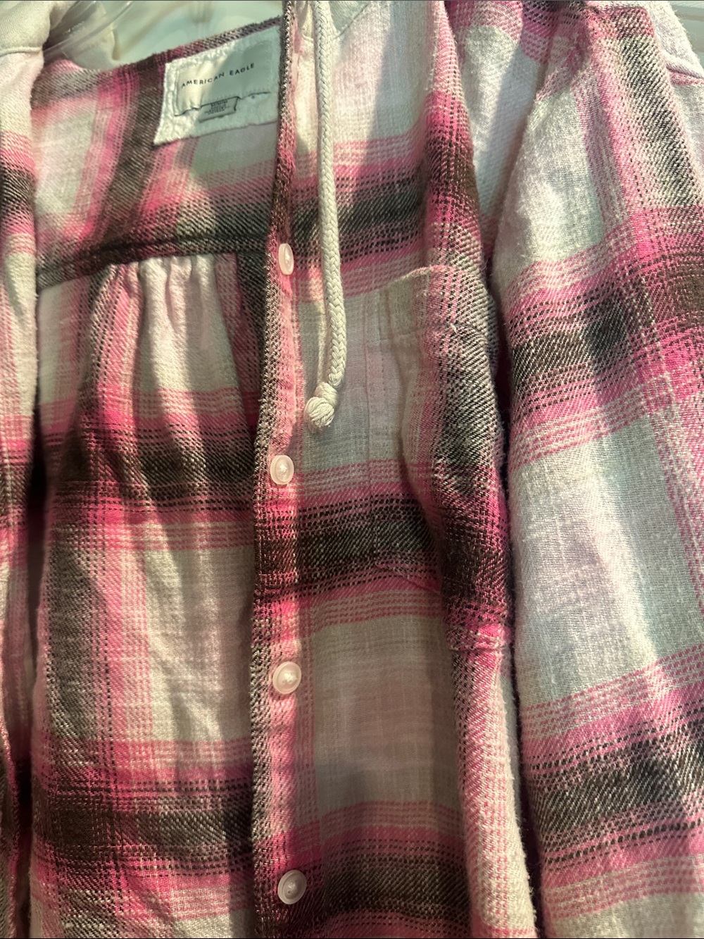 American Eagle Outfitters Pink and White Plaid Button-Down Hoodie Shirt - Picture 3 of 6